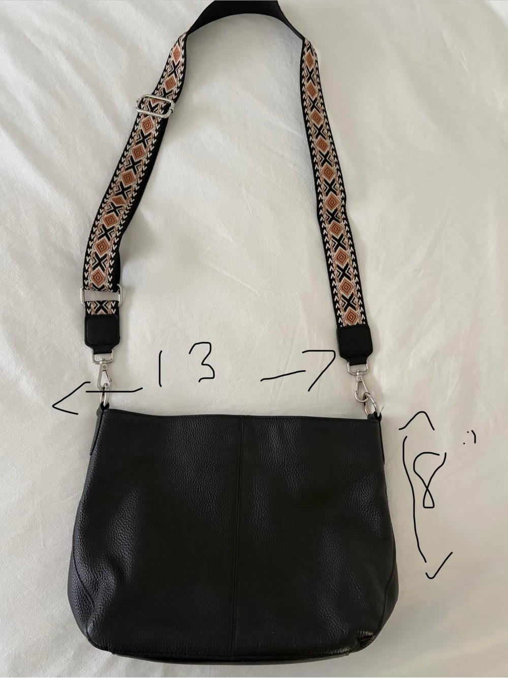 Black Leather Crossbody Bag with Patterned Strap